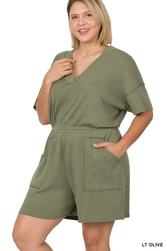 PLUS DROP SHOULDER V-NECK ROMPER WITH POCKETS