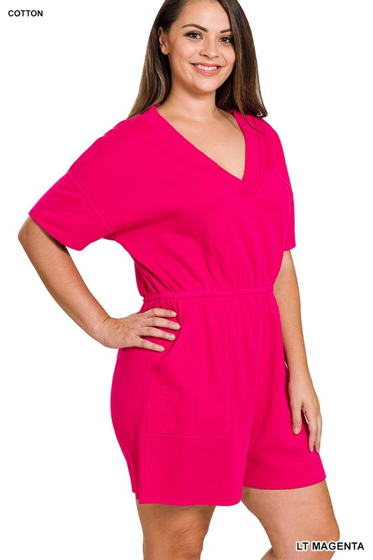 PLUS DROP SHOULDER V-NECK ROMPER WITH POCKETS