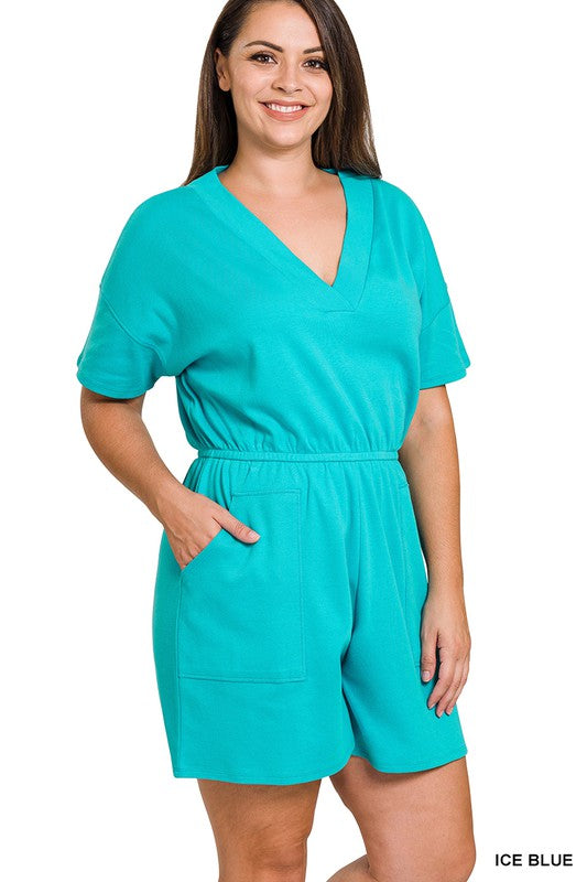 PLUS DROP SHOULDER V-NECK ROMPER WITH POCKETS