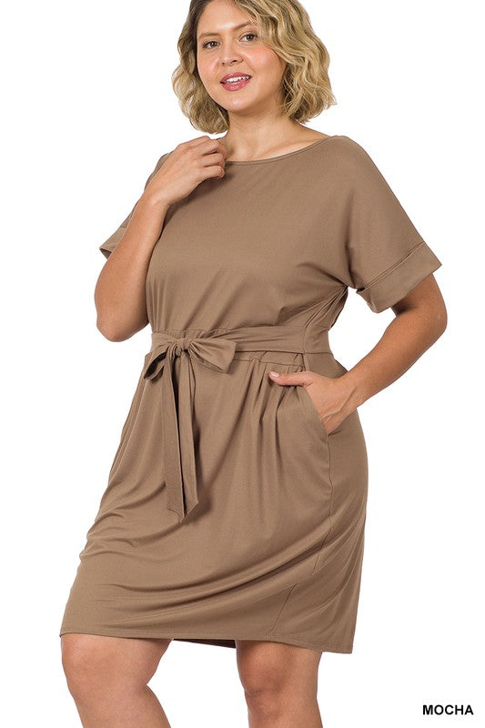 PLUS BRUSHED DTY TIE-BELT DRESS