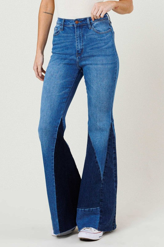 COLOR BLOCK SIDE SLIT FLARE JEANS