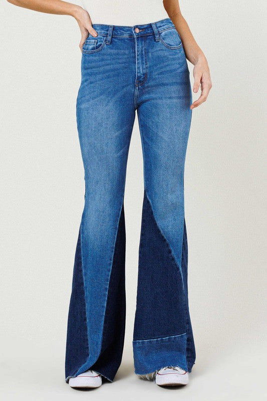 COLOR BLOCK SIDE SLIT FLARE JEANS