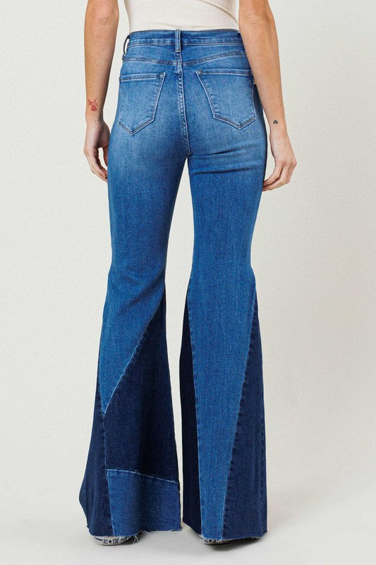 COLOR BLOCK SIDE SLIT FLARE JEANS