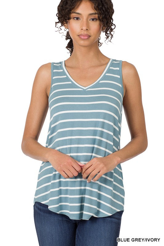 STRIPE SLEEVELESS V-NECK TOP