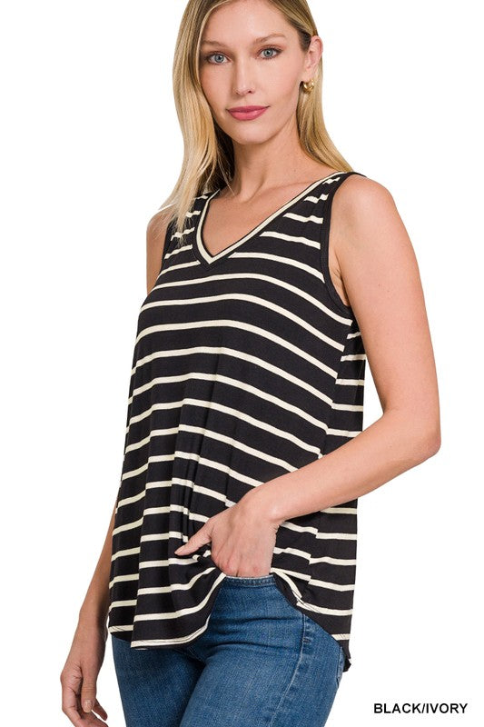 STRIPE SLEEVELESS V-NECK TOP