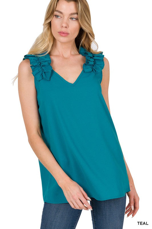 WOVEN WOOL DOBBY RUFFLE TRIM SLEEVELESS TOP