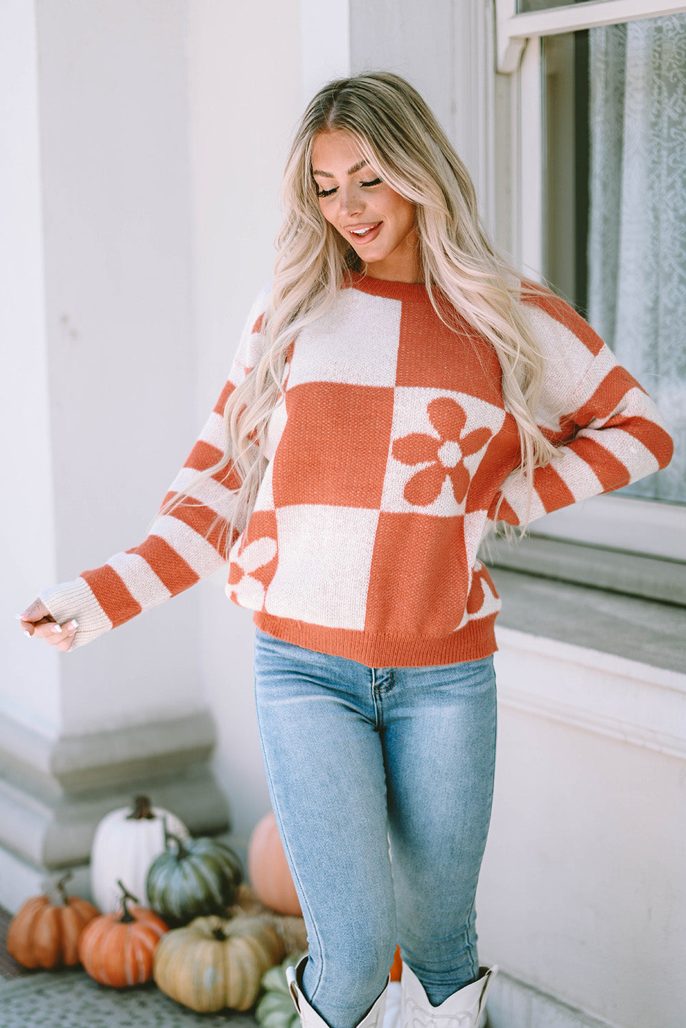 Orchid Petal Checkered Floral Print Striped Sleeve Sweater