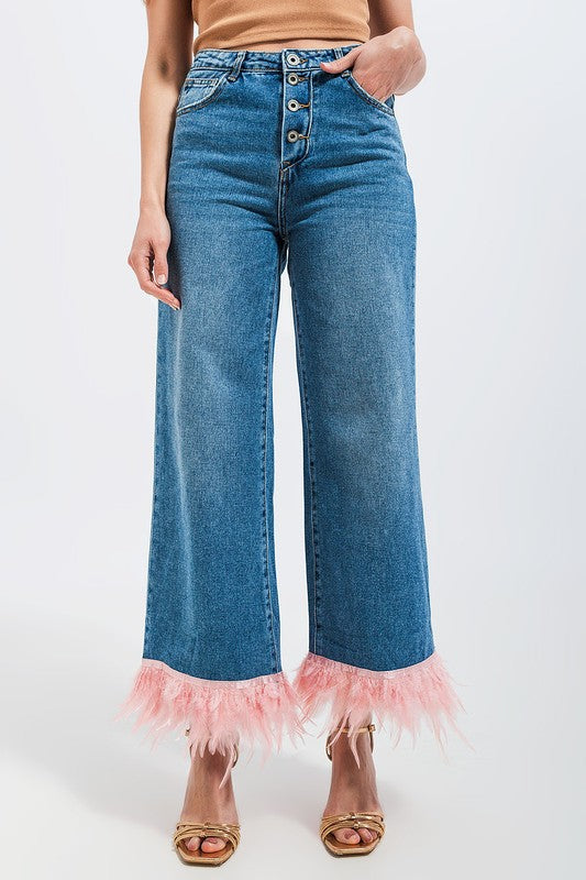 STRAIGHT LEG JEANS WITH FAUX FEATHER HEM IN BLUE