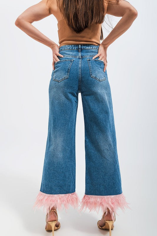 STRAIGHT LEG JEANS WITH FAUX FEATHER HEM IN BLUE