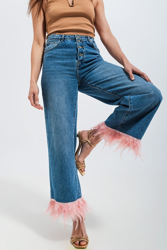 STRAIGHT LEG JEANS WITH FAUX FEATHER HEM IN BLUE