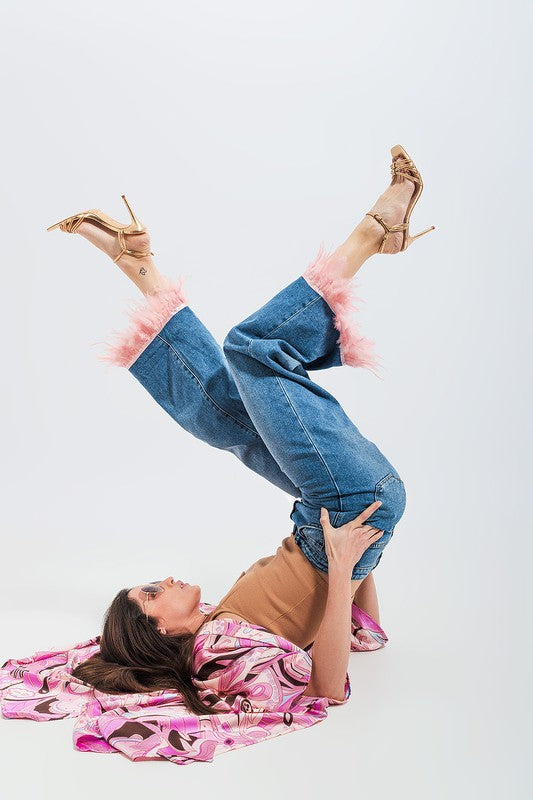 STRAIGHT LEG JEANS WITH FAUX FEATHER HEM IN BLUE