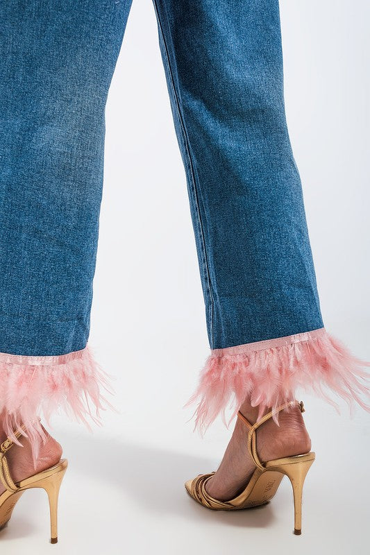 STRAIGHT LEG JEANS WITH FAUX FEATHER HEM IN BLUE