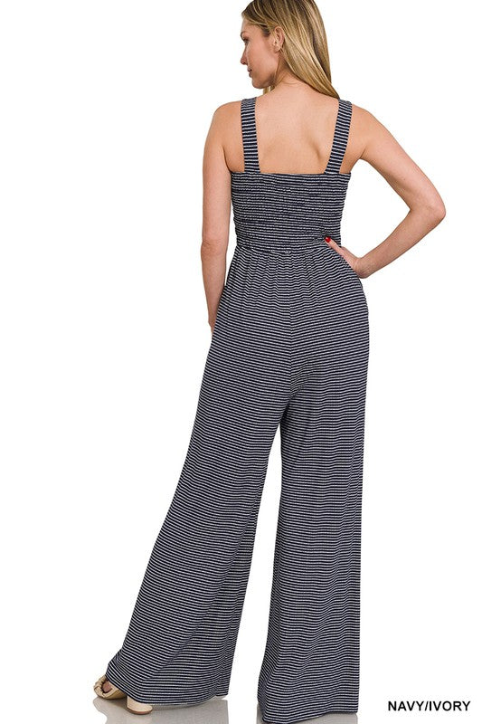 SMOCKED TOP STRIPED JUMPSUIT