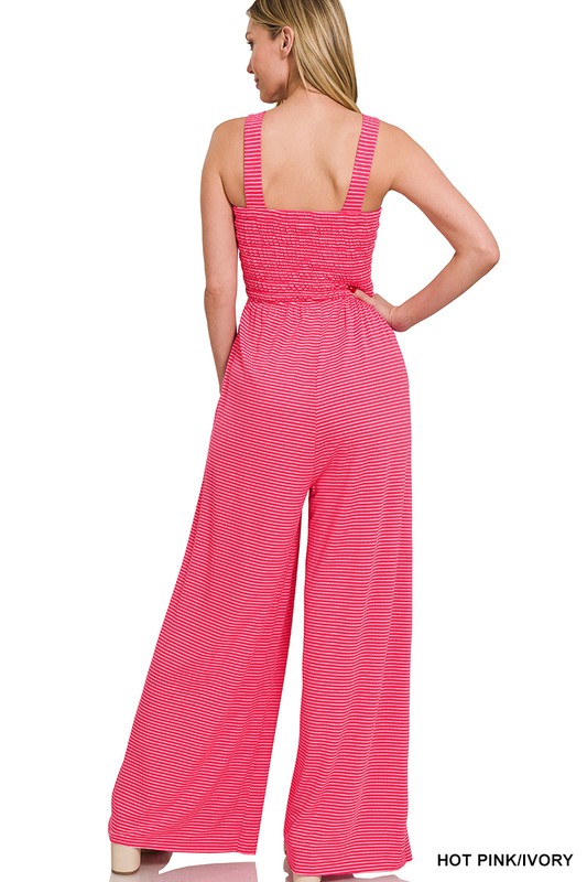 SMOCKED TOP STRIPED JUMPSUIT