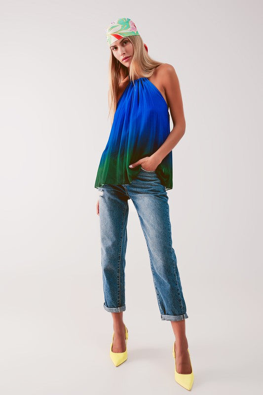 High neck pleat top in blue ombre