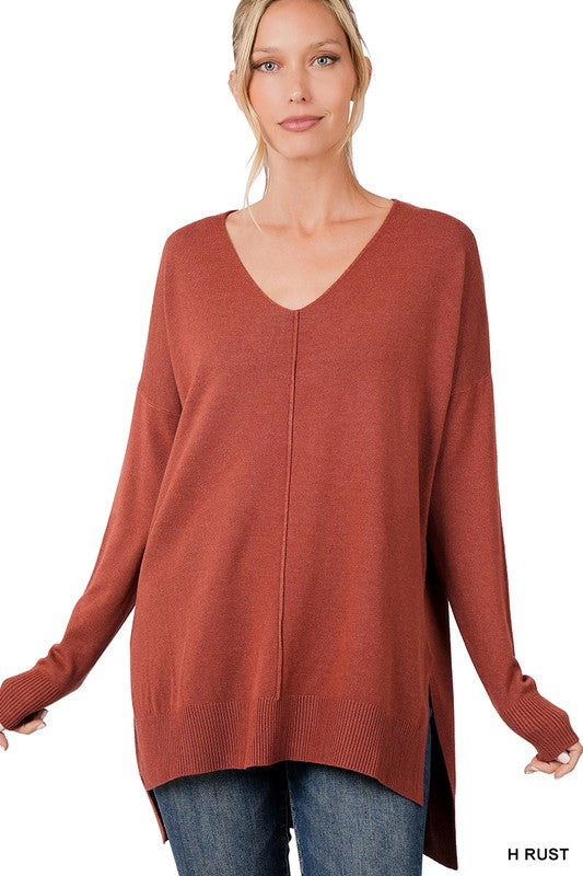 Hi-Low Hem V-Neck Center Seam Sweater