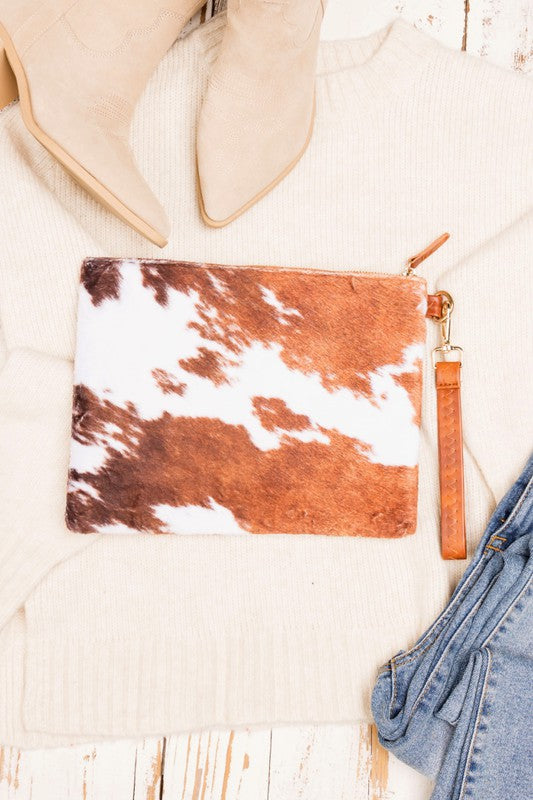 Faux Fur Cow Animal Print Clutch