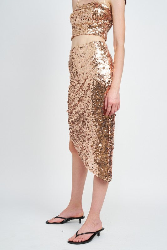 SEQUIN SHIRRED MIDI SKIRT