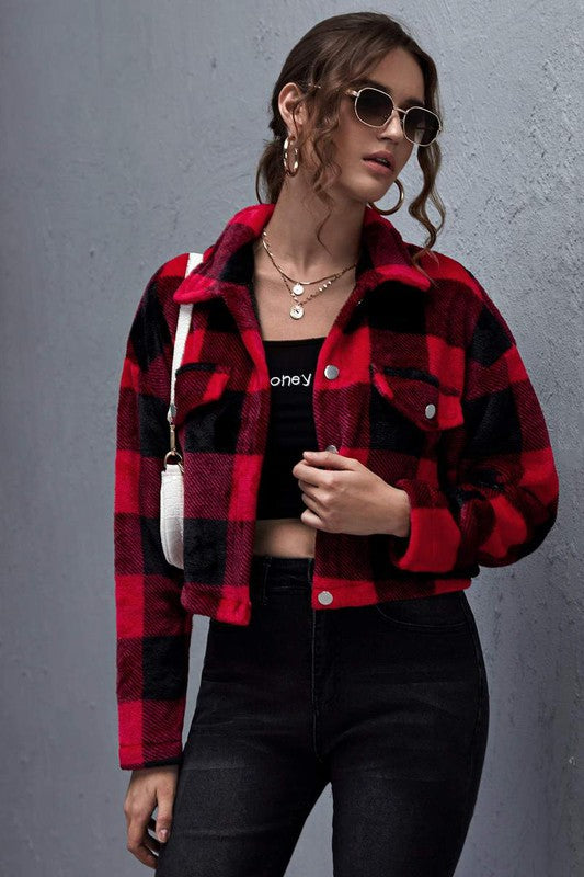 FLAP DETAIL DROP SHOULDER BUFFALO PLAID JACKET