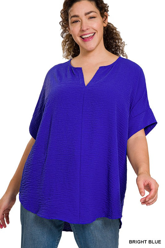 WOVEN AIRFLOW SPLIT NECK SHORT SLEEVE TOP