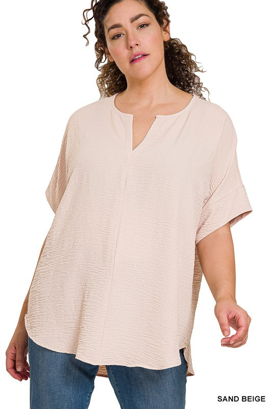 WOVEN AIRFLOW SPLIT NECK SHORT SLEEVE TOP