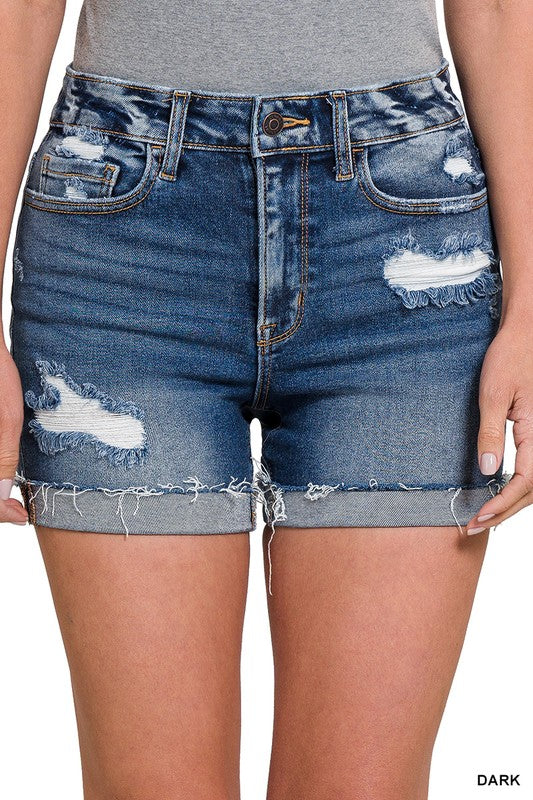 DISTRESSED CUFFED RAW HEM DENIM SHORTS