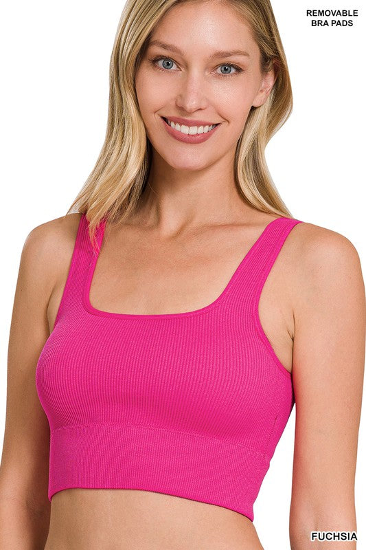 RIBBED SQUARE NECK CROPPED TANK TOP WITH BRA PADS