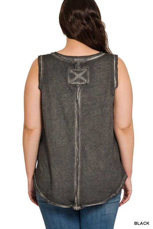 PLUS WASHED RAW EDGE V-NECK TANK TOP