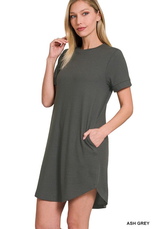 ROLLED SHORT SLEEVE ROUND NECK DRESS