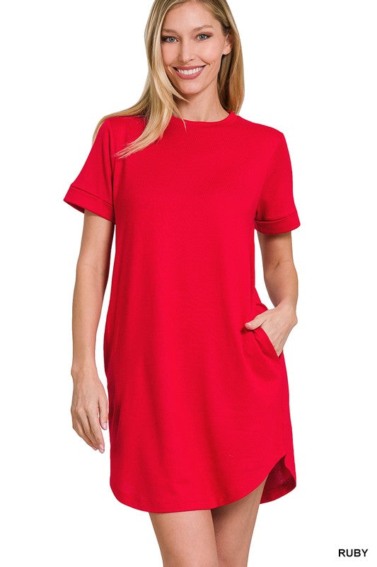 ROLLED SHORT SLEEVE ROUND NECK DRESS