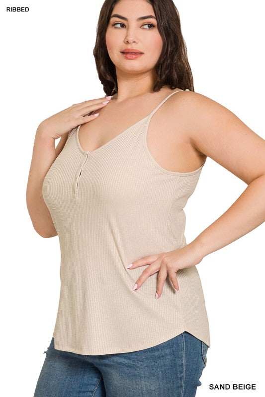 PLUS RIBBED HALF SNAP BUTTON CLOSURE CAMI TOP