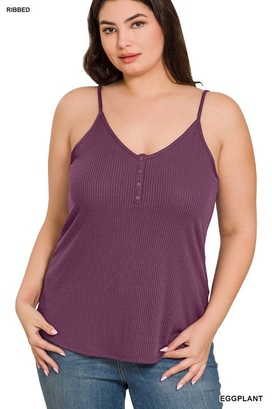 PLUS RIBBED HALF SNAP BUTTON CLOSURE CAMI TOP