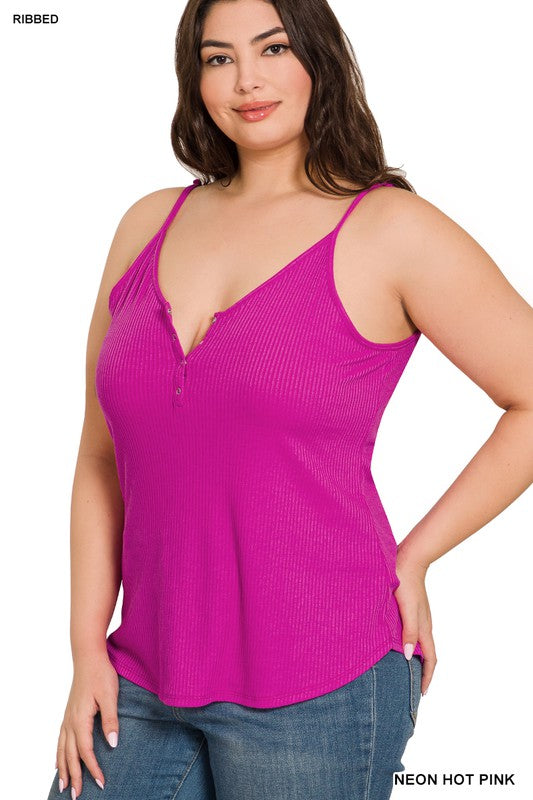 PLUS RIBBED HALF SNAP BUTTON CLOSURE CAMI TOP