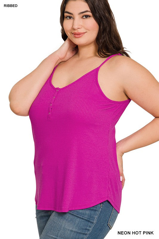 PLUS RIBBED HALF SNAP BUTTON CLOSURE CAMI TOP