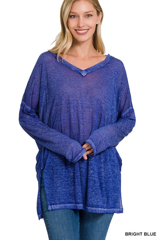 MELANGE BURNOUT DOLMAN SLEEVE V-NECK TOP