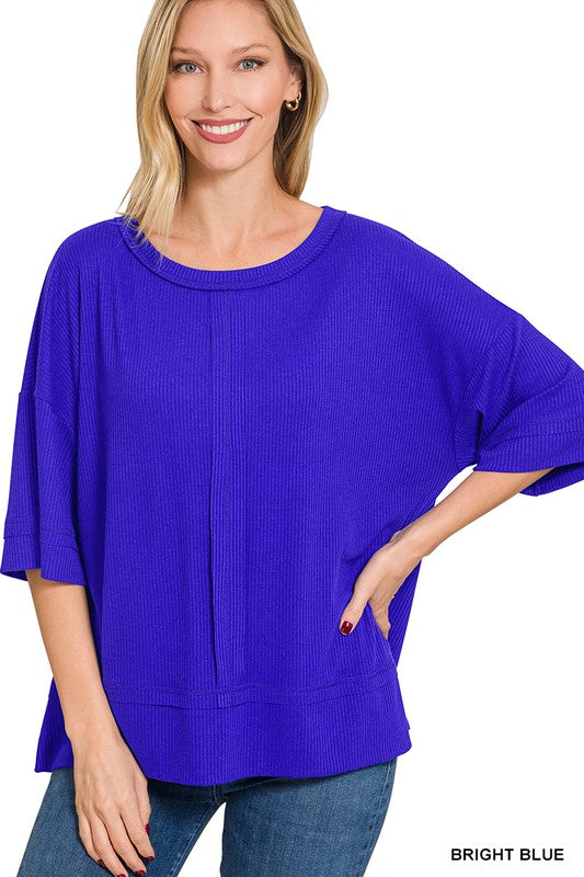 RIBBED BOAT NECK DOLMAN SLEEVE TOP W FRONT SEAM