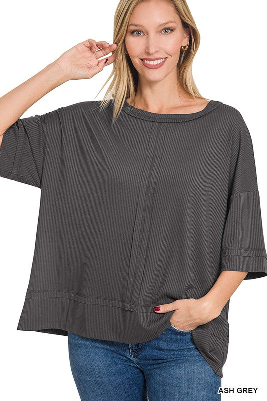 RIBBED BOAT NECK DOLMAN SLEEVE TOP W FRONT SEAM