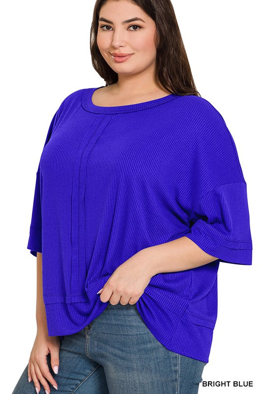 PLUS RIB BOAT NECK DOLMAN SLEEVE TOP W FRONT SEAM