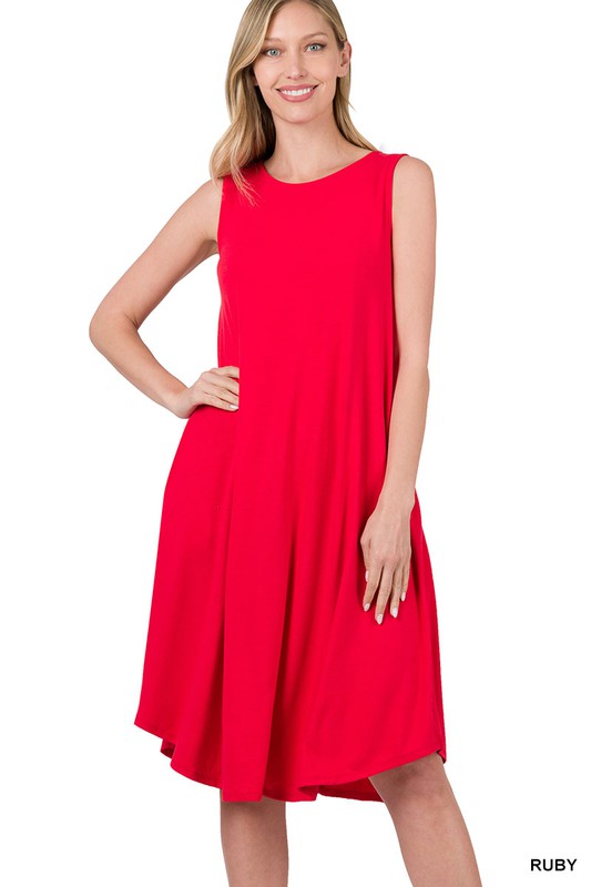 SLEEVELESS ROUND NECK ROUND HEM MIDI DRESS