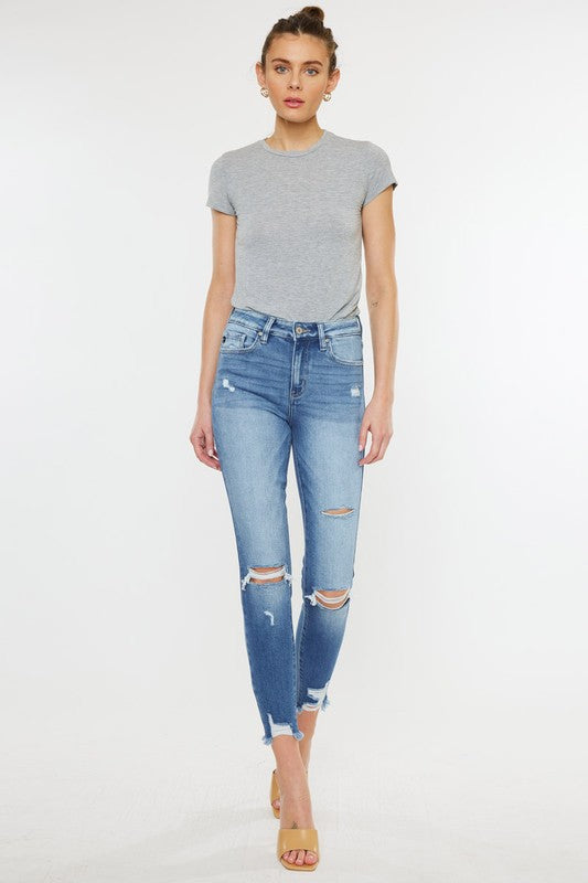 HIGH RISE FRAY HEM ANKLE SKINNYJEANS- KC9130M