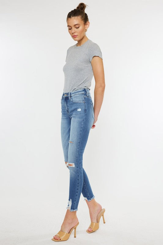 HIGH RISE FRAY HEM ANKLE SKINNYJEANS- KC9130M