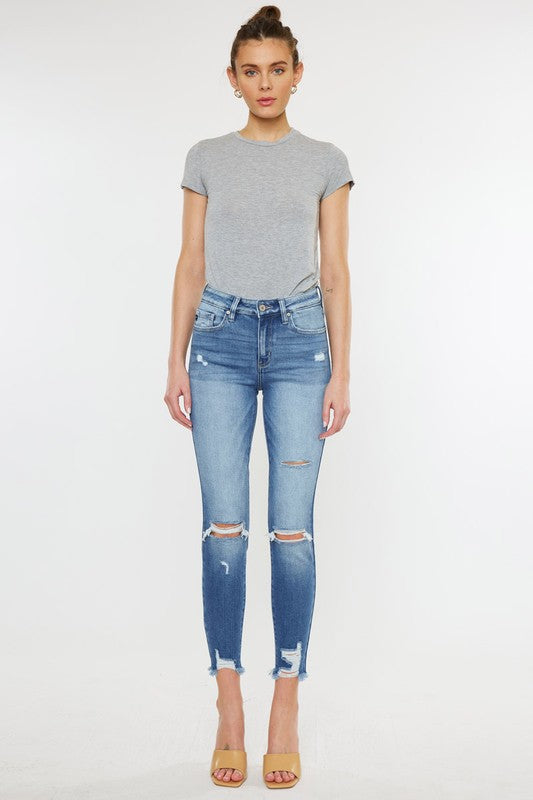 HIGH RISE FRAY HEM ANKLE SKINNYJEANS- KC9130M