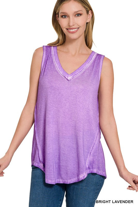 WASHED SLEEVELESS V-NECK TOP W HI-LOW HEM