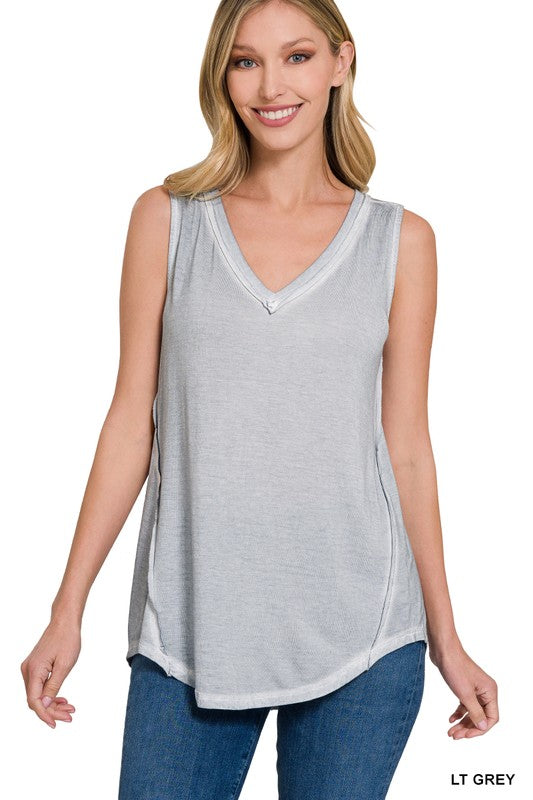 WASHED SLEEVELESS V-NECK TOP W HI-LOW HEM