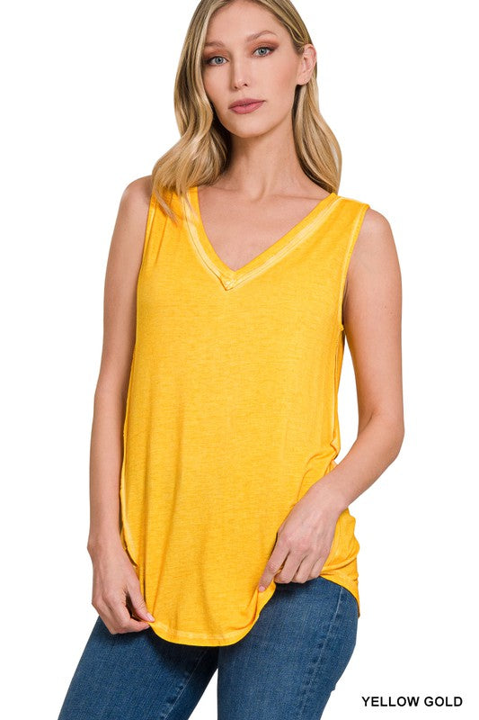 WASHED SLEEVELESS V-NECK TOP W HI-LOW HEM