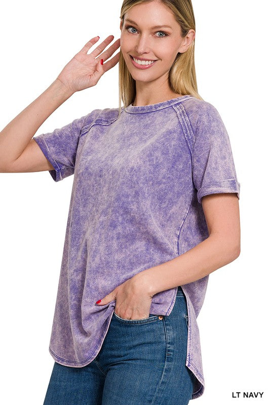 F/TERRY ACID WASH SHORT CUFF SLEEVE PULLOVER