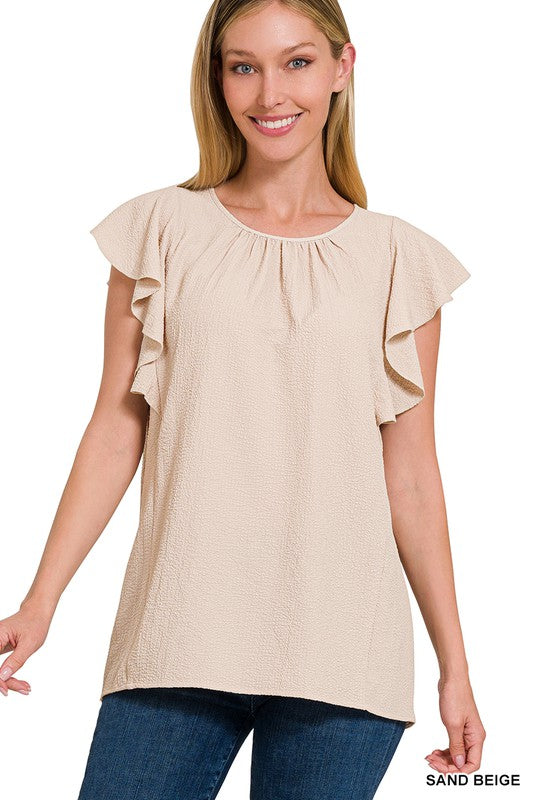 WOVEN BUBBLE AIRFLOW FLUTTER SLEEVE TOP