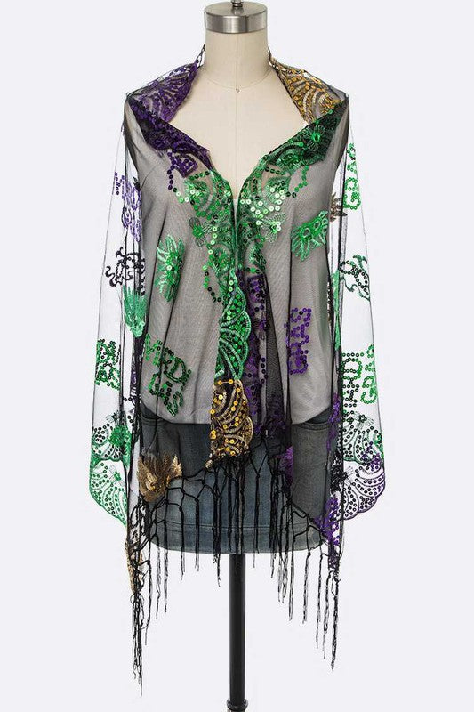 Mardi Gras Color Butterfly Sequins Shawl Scarf