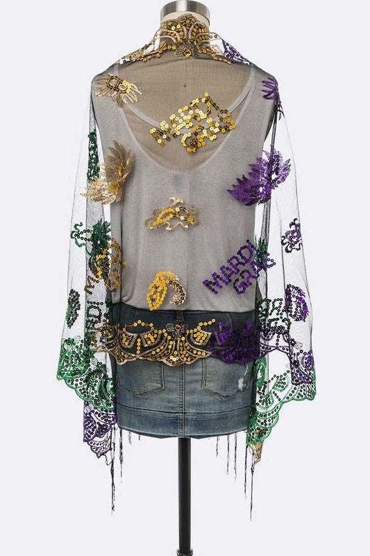 Mardi Gras Color Butterfly Sequins Shawl Scarf