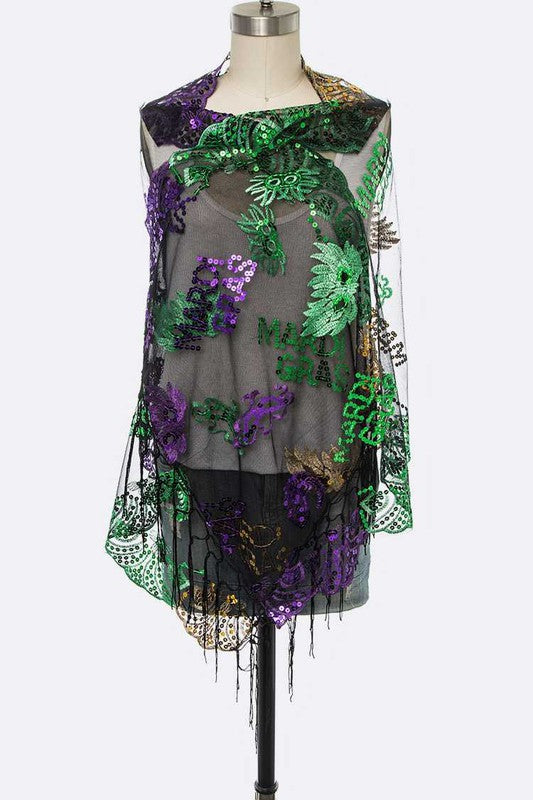 Mardi Gras Color Butterfly Sequins Shawl Scarf